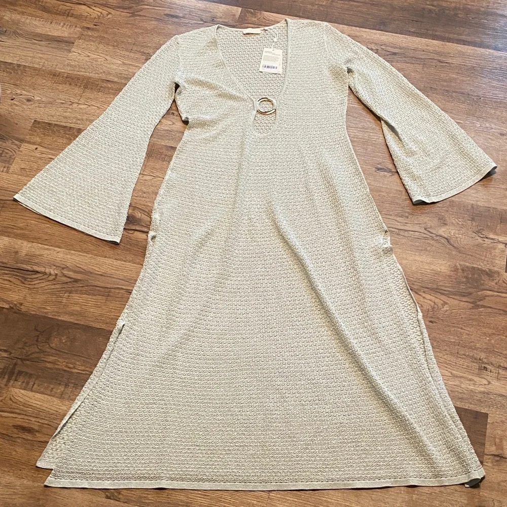Monday Swimwear Cream Knit Maxi Coverup with Front Ring Keyhole